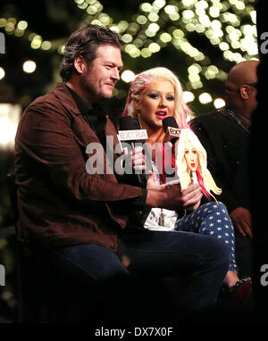 Blake Shelton, Christina Aguilera Judges Of NBC's 'The Voice' Appear On EXTRA at the Grove Hollywood, California - 05.11.12 Fea Stock Photo