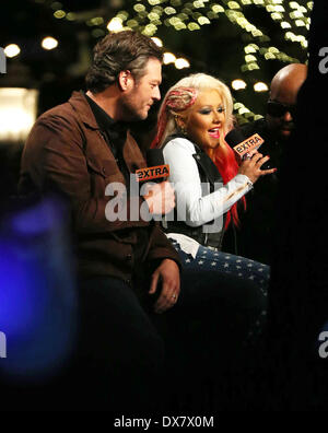 Blake Shelton and Christina Aguilera Judges Of NBC's 'The Voice' Appear On EXTRA at the Grove Hollywood, California - 05.11.12 Stock Photo