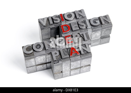 Idea as an acronym with the words Vision Design Concept and Plan in old metal letterpress printing blocks isolated on white. Stock Photo