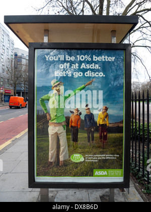 Asda poster 'You'll be 10% better off at Asda Let's go disco' advertisement on bus stop shelter in Bethnal Green London E2  England UK KATHY DEWITT Stock Photo