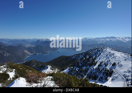 view over Lake Walchen, Walchensee from the Herzogstand summit in winter, Bavaria, Germany Stock Photo