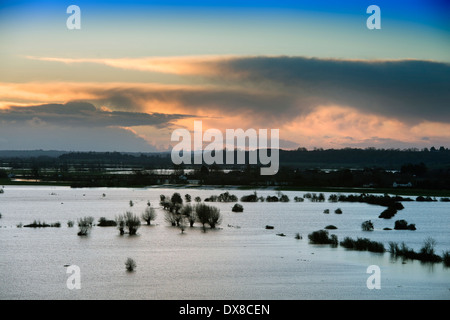 Dawn breaks over the flooded fields of the Somerset Levels near Burrowbridge UK Feb 2014 Stock Photo