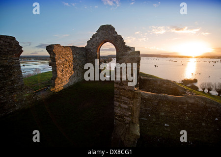Dawn breaks over the flooded fields of the Somerset Levels from Burrow Mump near Burrowbridge UK Feb 2014 Stock Photo