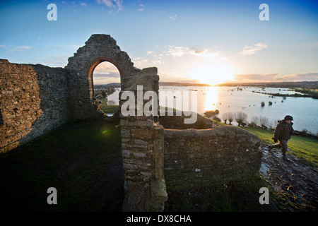 Dawn breaks over the flooded fields of the Somerset Levels from Burrow Mump near Burrowbridge UK Feb 2014 Stock Photo
