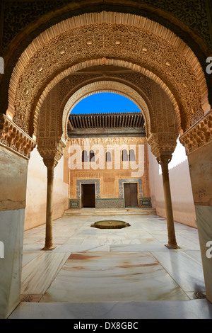 Nasrid mocarabe Arab pillars and capitals in the inner courtyard of the Palacios Nazaries, Alhambra. Granada, Stock Photo