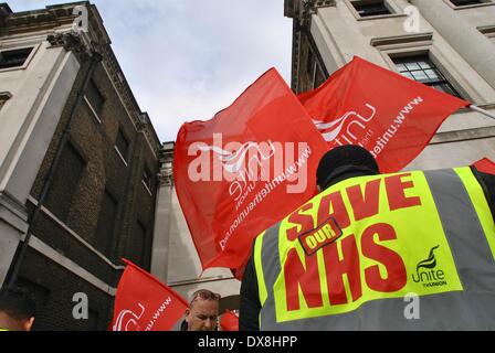 London, Enland, UK. 19th Mar, 2014. Unite campaigners opposed to private companies taking over the privatisation of the NHS, staged a rally in Cavendish Square. Unite claims The George Eliot Hospital is the next victim of the the current government selling off the National Heath Service for profit not quality care. © Gail Orenstein/ZUMAPRESS.com/Alamy Live News Stock Photo
