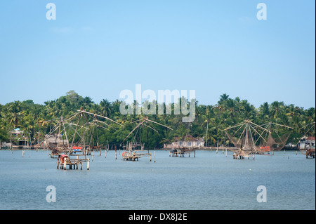 South Southern India Kerala Fort Cochin Kochi Manacherry Chinese Fishing Nets , Cheena Vala 1350 - 1450 blue sky daytime Stock Photo