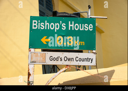 South Southern India Kerala Fort Cochin Kochi amusing funny road street sign signs ' Bishop's House - God's Own Country ' Stock Photo