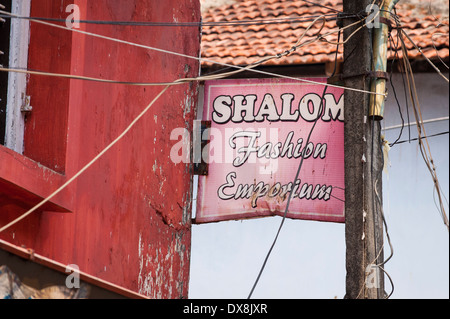 South Southern India Kerala Cochin Kochi Jew Town Mattancherry street road sign signs Shalom Fashion Emporium shop store Stock Photo