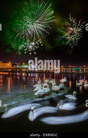 Fireworks on New Year's Eve over the pond in Reykjavik, Iceland Stock Photo