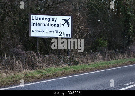 The sign to the fictitious Llandegley International Airport at Crossgates near Llandrindod Wells in mid Wales, UK Stock Photo