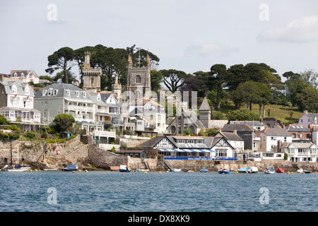 Fowey town centre viewed from the Polruan- Fowey ferry in Cornwall Stock Photo