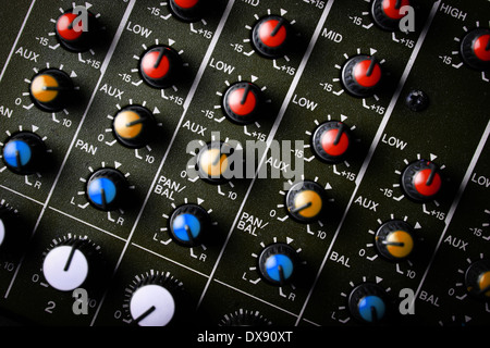 Detail of a music mixer desk with various knobs Stock Photo