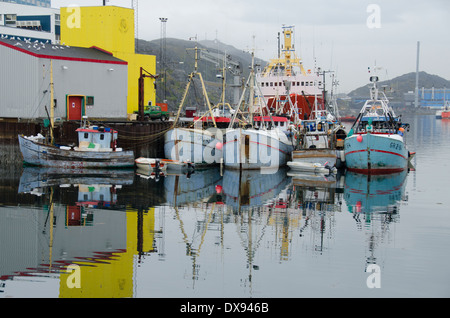 Greenland, capitol city of Nuuk. Nuuk harbor, fishing boats with reflection. Stock Photo