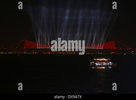 Light Show at Bosphorus Bridge at Republic Day-October 29 in Istanbul,Turkey Stock Photo