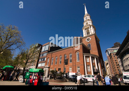 Park Street Church on the corner of Park St. and Tremont St. as seen from inside Boston Common in Boston Massachusetts