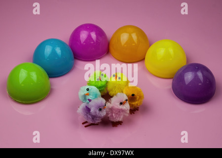 Six Plastic Easter Egg shells on a glossy pink background. cute colorful Easter design with six little toy Chicks Stock Photo