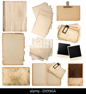 set of various old paper sheets and pictures. vintage photo album and book pages, cards, pieces isolated on white background Stock Photo
