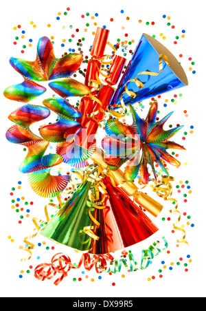 colorful background with garlands, streamer, cracker, party hats and confetti. festive carnival, new year or birthday decoration Stock Photo