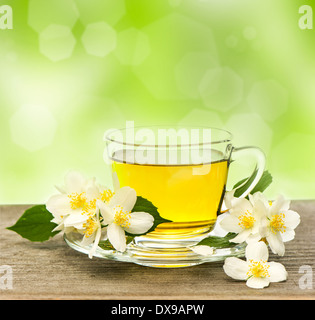 cup of tea with jasmine flowers on wooden table over blurred green background Stock Photo