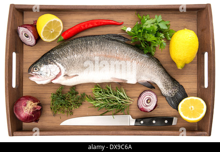 raw salmon trout fish with fresh herbs and spices on wooden tray background prepared for cooking Stock Photo