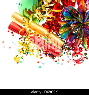 colorful garlands, streamer, cracker, party hats and confetti. festive decoration background Stock Photo