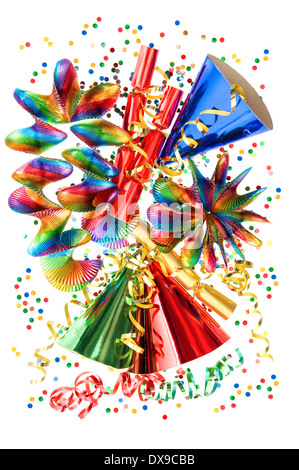 colorful background with garlands, streamer, cracker, party hats and confetti. festive decoration Stock Photo