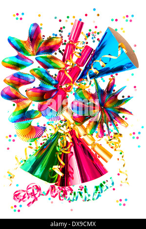 colorful garlands, streamer, cracker, hats and confetti. party decoration background Stock Photo