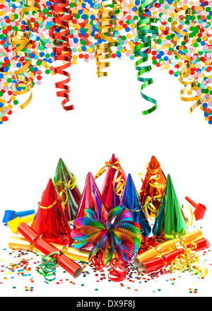 colorful birthday party decoration. multicolored garlands, streamer, hats and confetti on white background Stock Photo