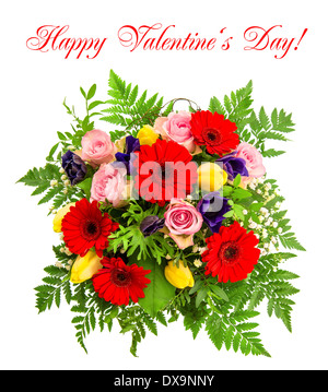bouquet of spring flowers over white background. card concept with sample text Happy Valentine's Day! Stock Photo