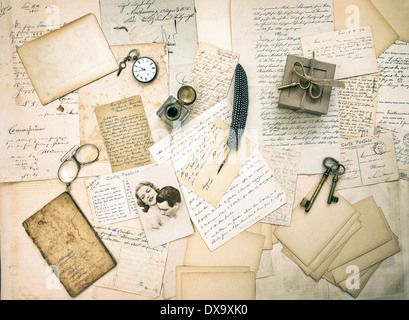 old love letters, postcards, antique accessories and vintage picture. Stock Photo