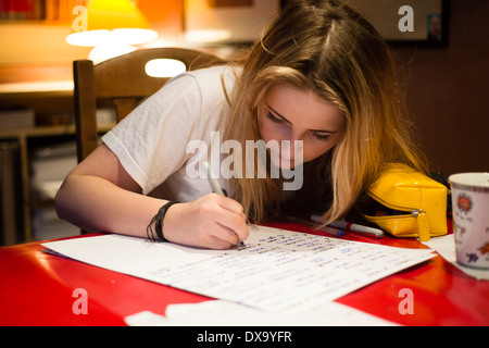 A teenage girl learning verbs doing her GCSE French language school homework at home, Wales UK Stock Photo