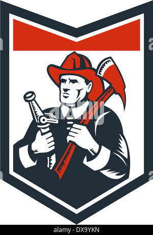 Retro woodcut style illustration of a fireman or firefighter holding a ...