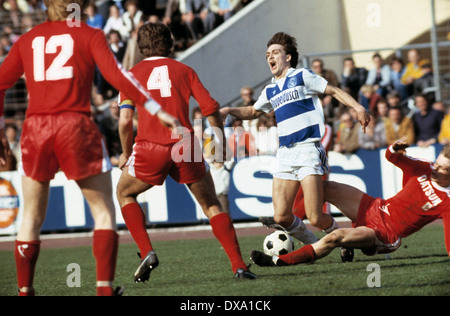 football, Bundesliga, 1981/1982, Wedau Stadium, MSV Duisburg versus Borussia Moenchengladbach 0:1, scene of the match, foul play to Thomas Kempe (MSV) Stock Photo