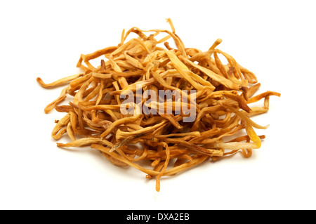 Golden needles (dried lily flowers) on a white background Stock Photo