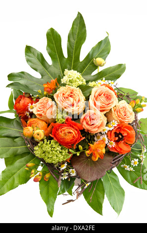 A lush bouquet of fresh red roses. Flower composition on light pastel ...