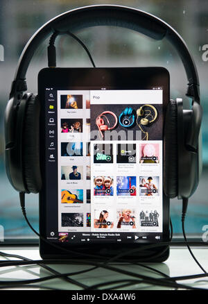 Berlin, Germany. 17th Mar, 2014. ILLUSTRATION - The Spotify app runs on an iPad in Berlin, Germany, 17 March 2014. Photo: Ole Spata/dpa/Alamy Live News Stock Photo