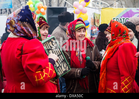 Kazakhstan,Petropavlovsk - MARCH 21, 2014: Muslim new year celebration. Women in traditional Russian costumes Stock Photo