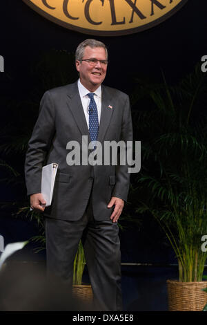 Presidential Candidate Jeb Bush speaks to conservative group in Central Florida. Governor of Florida 1999-2007, Bush is running for USA presidential race 2016. Brother of George W. & son of George H.W. Bush (US Presidents) Jeb Bush is political blue blood. He co-authored book on immigration, his wife is Mexican-born immigrant. Immigration reform is hot button issue for 2016 elections. Mr. Bush is likely choice for Republicans in view of New Jersey Governor’s image tainted by bridge scandal. Stock Photo