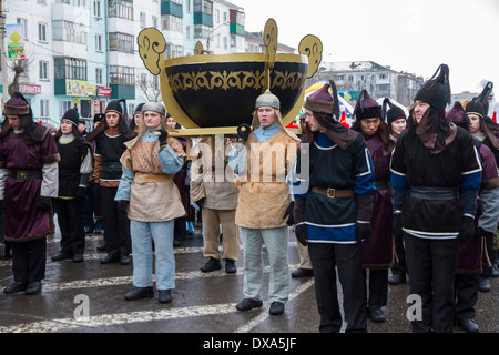 Kazakhstan,Petropavlovsk - MARCH 21, 2014: Muslim new year celebration. Warriors are boiler Stock Photo