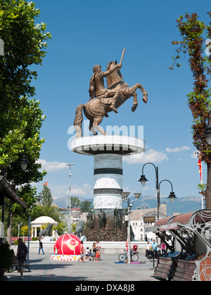 'Warrior on a Horse' statue of Alexander the Great of Macedon - part of the Skopje 2014 project in Skopje, Macedonia Stock Photo