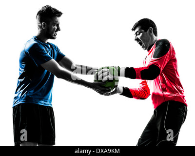 two  soccer player goalkeeper men competition in silhouette isolated white background Stock Photo