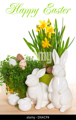 Happy Easter. card concept. easter decoration with eggs and bunny Stock Photo