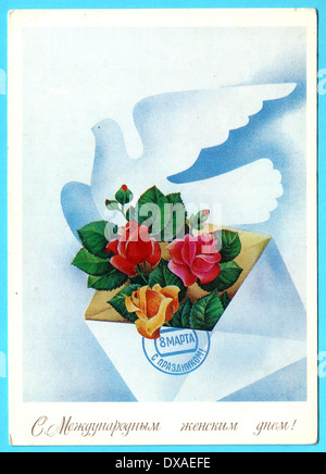 USSR - CIRCA 1983: Postcard printed in the USSR honoring International Women's Day of Solidarity shows roses,envelope,pigeon Stock Photo