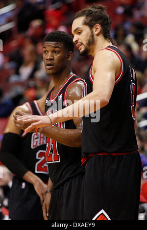 March 19, 2014: Chicago Bulls center Joakim Noah (13) talks things over with guard Jimmy Butler (21) during the NBA game between the Chicago Bulls and the Philadelphia 76ers at the Wells Fargo Center in Philadelphia, Pennsylvania. The Bulls won 102-94. Christopher Szagola/Cal Sport Media Stock Photo