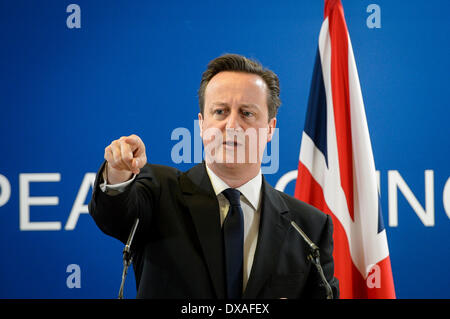 Brussels, Belgium. 21st March 2014. British Prime Minister David Cameron holds press conference at the end of the European Union summit in BrusselsEarlier the same day Ukraine's interim Prime Minister Arseniy Yatsenyuk and EU Leaders had signed parts of a highly symbolic deal on closer political ties with the European Union in Brussels, as Russian President Vladimir Putin signed a treaty completing the legal annexation of Crimea. Credit:  ZUMA Press, Inc./Alamy Live News Stock Photo