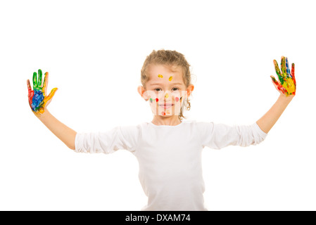 Happy girl showing painted hands isolated on white background Stock Photo