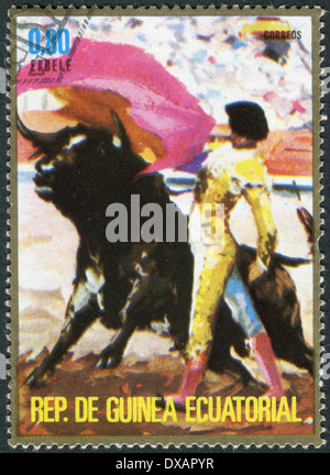 EQUATORIAL GUINEA - CIRCA 1975: A stamp printed in the Equatorial Guinea, shows the Corrida, circa 1975 Stock Photo