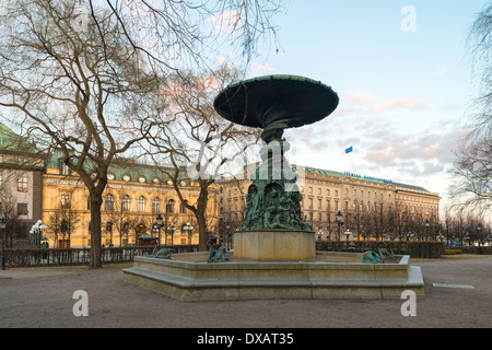 Dusk view of Fountain of Molin (1873) in Kungsträdgården ('King's Garden'), a park in central Stockholm, Sweden. Stock Photo