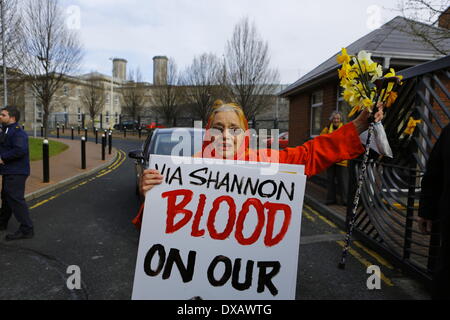 Dublin, Ireland. 22nd March 2014. Margaretta D'Arcy poses outside the prison gates. The 79 year old Irish peace activist and actor Margaretta D'Arcy has been released from Mountjoy prison in Dublin. She served a three month long sentence for refusing to sign a bond to keep away from unauthorised zones at Shannon airport. Credit:  Michael Debets/Alamy Live News Stock Photo